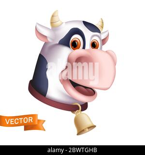 Lustige lächelnde Kuh Charakter. Cartoon Maskottchen Kopf. Vektorgrafik eines gehörnten Haustieres mit einer goldenen Glocke auf einem weißen Hintergrund isoliert. G Stock Vektor