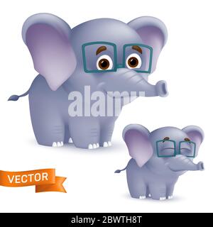 Niedlichen stehend und lächelnd Cartoon Baby Elefant Charakter in Brille. Vektor-Illustration eines afrikanischen Wildtier Maskottchen neugeborenes Tier auf whi isoliert Stock Vektor