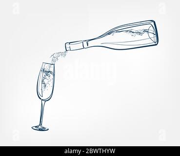 Champagner Glas Flasche Vektor eine Linie Kunst trinken isoliert Stock Vektor