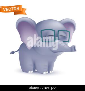 Niedlichen stehend und Schlinkkkkei Cartoon Baby Elefant Charakter in Brille. Vektor-Illustration eines afrikanischen Wildtier Maskottchen neugeborenen Tier isoliert auf w Stock Vektor