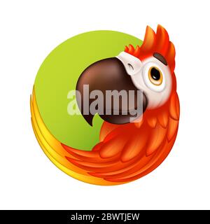 Cartoon Tropical Bird Logo oder Etikett. Niedlicher Ara Papagei mit großem Schnabel. Vektor-Illustration von lustigen bunten Ara Maskottchen Charakter isoliert auf weißem Bac Stock Vektor
