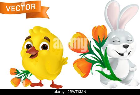 Niedlichen glücklichen osterhasen und süße Baby Küken mit orange Tulpe Blumen Bouquet auf weißem Hintergrund isoliert. Vektor lustig Cartoon Maskottchen Figur krank Stock Vektor