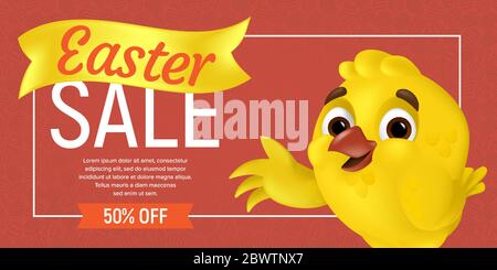 Frohe Ostern Verkauf Web-Banner oder Flyer Vorlage. Vektor Rabatt Gutschein Illustration mit niedlichen Küken zeigt auf dem Rabatt Angebot und skizzieren Eier auf Stock Vektor