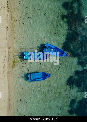 Indonesien, Bali, Sanur, Luftansicht der blauen Boote, die vor dem sandigen Küstenstrand liegen Stockfoto