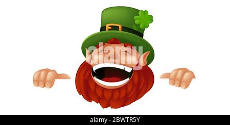 Lustige Cartoon Leprechaun Charakter lachen und halten Zeichen Happy Saint Patrick's Day Feier. Vektorgrafik mit Verstecken und Blick auf Iri Stock Vektor