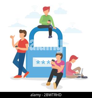 Personen und Vorhängeschloss für Netzwerksicherheit und Verschlüsselung Konzept Illustration Stock Vektor