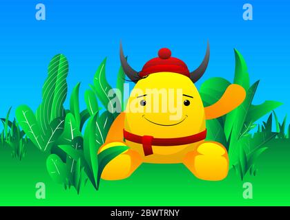 Kleines gelbes Monster mit Hörnern, die eine Mütze und einen Schal tragen, auf einer Wiese sitzen. Vektor Cartoon Illustration. Stock Vektor