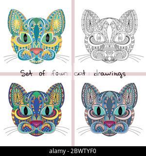 Set von vier Katze Gesicht Doodle. Farbe stilisierte Katze, Ornament. Färbung Buch Seite für Erwachsene. Vektorgrafik. Handgezeichnetes Bildmaterial Stock Vektor