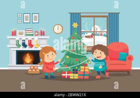 Kinder schmücken Weihnachtsbaum im Inneren mit Kamin und Fenster. Niedliche Charaktere, weihnachten und Neujahr Stock Vektor