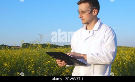 Junge Agronomen oder Biologen, die am Apfelbaum arbeiten, schreiben Tests in einem Notizbuch, in weißen Mänteln, Gummihandschuhen, dna, Schutzbrillen, Blatttests. Stockfoto