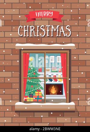 Weihnachtskarte mit Fenster und gemütlichem Zimmer, weihnachtsbaum und Kamin. Stock Vektor