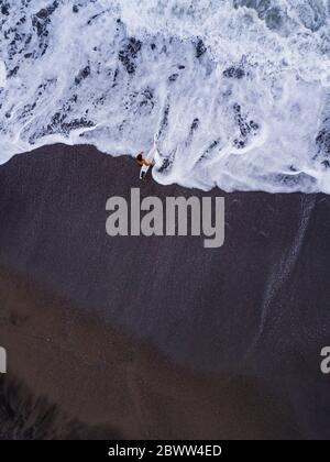 Indonesien, Bali, Pererenan Beach, Luftaufnahme des eineinmaligen Surfers am schwarzen Küstenstrand Stockfoto