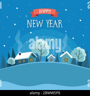 Frohe Neujahr Grußkarte mit Winterlandschaft und niedlichen kleinen Häusern und Bäumen. Vektor Illustration Design Vorlage mit Schriftzug Stock Vektor