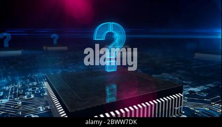 Fragezeichen 3d-Illustration. Quest Zeichen, Suche, Hilfe, Wissen und Problem abstrakten Begriff Symbol. Kamera bewegt sich auf dynamische virtuelle Kran arou Stockfoto