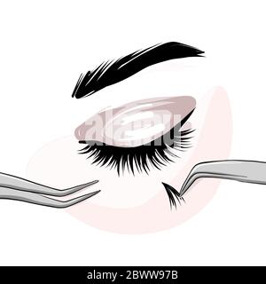 Lash Erweiterung beautican Verfahren, Lash Stylistin machen Faux Wimpernverlängerung, professionelle Schönheit Service. Permanent natürliche Wimpern Anwendung cou Stock Vektor