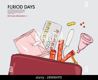 Orale Kontrazeptiva, Tampons, Pads, Tasse, Pillls in Schönheit Geldbörse, pperiotische Illustration. Menstruation Zyklus Frau medizinische Kunst. Hand gezeichnete Vektor-Behandlung Männer Stock Vektor