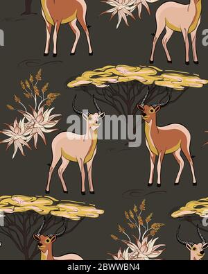 Afrikanische Savanne Wüste Tiere, tief, Antilope, trockener Baum, Kaktus Landschaft nahtlose Muster. Vektor Safari Wildtiere Textur Illustration. Reise wild Stock Vektor