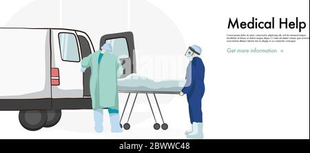 Erste-Hilfe-Ärzte helfen Patienten. Medizinische Arbeiter, die Hilfe mit Hilfe von Rettungs-Rückenmark. Gezeichnete Zeichen in Biohazard Ausrüstung helfen Menschen du Stock Vektor