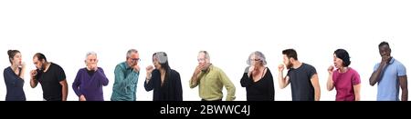 Frauen und Männer mit Husten auf weißem Hintergrund Stockfoto