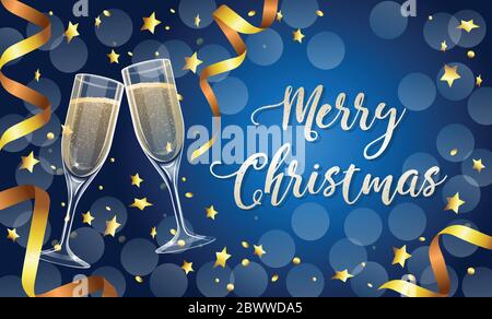 Frohe Weihnachten Grußkartenvorlage mit zwei realistischen Champagnergläsern, blauer Hintergrund mit goldenen festlichen Bändern und Konfetti. Vektor Stock Vektor