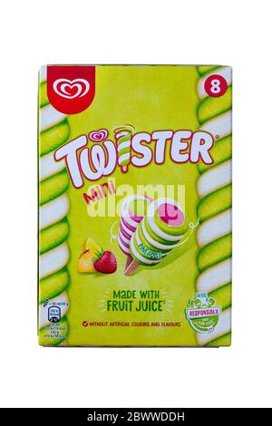 Box von Twister Mini mit Fruchtsaft Eis isoliert auf weißem Hintergrund - Eis Eis Eis Eis Eis Eis Eis Eis Lolly Eis Lollies Eis Stockfoto