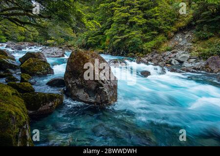 Neuseeland, Southland, Te Anau, Langzeitbelichtung des Hollyford River, der im Fiordland National Park rauscht Stockfoto