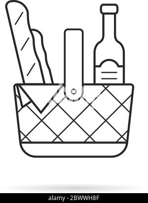 Schwarze dünne Linie Picknick-Korb-Symbol mit Lebensmitteln Stock Vektor