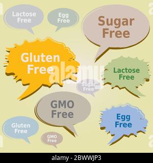 Dialogfelder und Tags zu Lebensmittelallergien. Etiketten ohne Gluten, Zucker, Laktose, Eier und GVO in englischer Sprache Stock Vektor