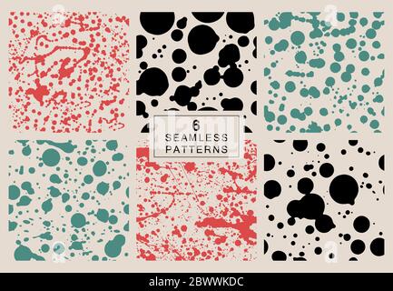 Set aus sechs nahtlosen Mustern mit Splatter-Punkten in drei Farben Stock Vektor