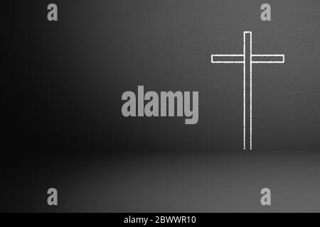 Jesus Christus Kreuz Zeichnung auf dunklen Beton Wand Hintergrund. Stockfoto