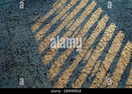 Schatten des Zauns auf dem Boden. Stockfoto