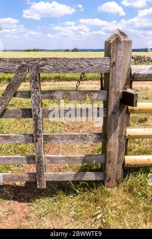 Eine ungewöhnliche Torverriegelung neben Ryknild Street oder Icknield Street (lokal Condicote Lane) eine römische Straße südlich des Cotswold Dorf Condicote. Stockfoto