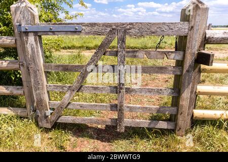 Eine ungewöhnliche Torverriegelung neben Ryknild Street oder Icknield Street (lokal Condicote Lane) eine römische Straße südlich des Cotswold Dorf Condicote. Stockfoto