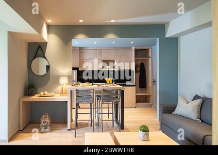 Moderne grau und Holz Interieur des kleinen Studio-Apartment. Vorderansicht des Hotel-Appartment mit Küche, Wohnzimmer, Schlafzimmer im Einzelraum Stockfoto