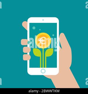 Hand hält Smartphone mit grünen Blättern und Euro-Münze als Blume auf dem Bildschirm. Einkommenswachstum. Finanzieller Erfolg. Vektorgrafik auf blau. Tim Stock Vektor