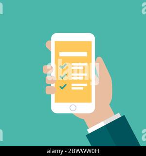 Hand des Geschäftsmannes, der Smartphone mit To-do-Checkliste mit Zecken und Punkten hält. Zwischenablage mit Häkchen. Zeitplan App, Organizer. Vektorillust Stock Vektor