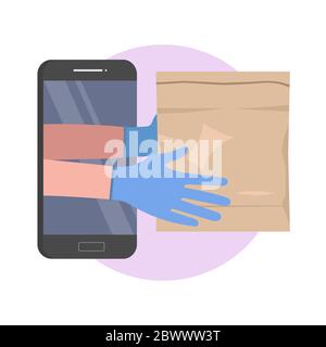 Sichere Lieferung von Lebensmitteln. Lieferung Lebensmittelauftrag an Stock Vektor