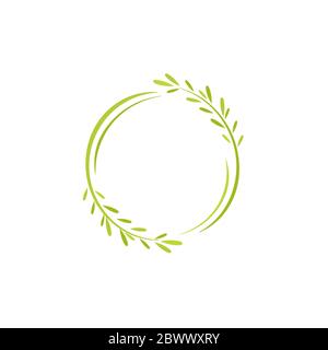 Grüner Rundkranz aus Gras und Zweigen isoliert auf weißem Hintergrund. Blumenkirlande für Grußkarten. Vektorgrafik. Stock Vektor