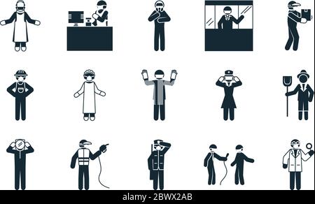 Piktogramm Polizist und wesentliche Arbeiter Symbol über weißem Hintergrund, Silhouette Stil, Vektor-Illustration gesetzt Stock Vektor