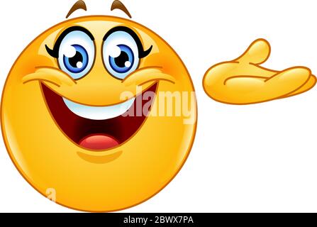 Informationstisch weibliches Emoticon, das ihre Hand ausstreckt Stock Vektor