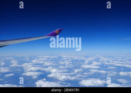 SAPPORO, JAPAN - 17. NOVEMBER 2019: Flugzeugflügel der Thai Airways über einer schönen weißen Wolke. Thai Airway wurde im März 1960 gegründet. Stockfoto