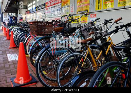 SAPPORO, JAPAN - 12. NOVEMBER 2019: Fahrradparken in Sapporo City. Fahrrad ist ein Hauptverkehrsmittel in Sapporo, Hokkaido Japan. Stockfoto