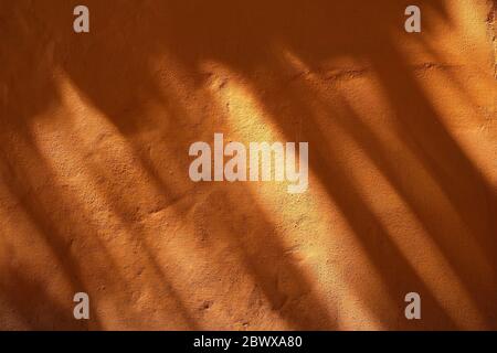 Blätter Schatten auf Orange Farbe Beton Wand Textur Hintergrund. Stockfoto