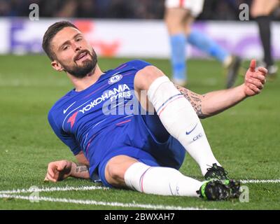 LONDON, ENGLAND - 18. APRIL 2019: Olivier Giroud von Chelsea, aufgenommen während der zweiten Etappe des UEFA Europa League Viertelfinals 2018/19 zwischen dem FC Chelsea (England) und SK Slavia Praha (Tschechische Republik) an der Stamford Bridge. Stockfoto