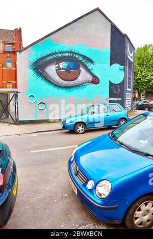 Wandbild mit großem Auge in Bristol, Großbritannien, England Stockfoto