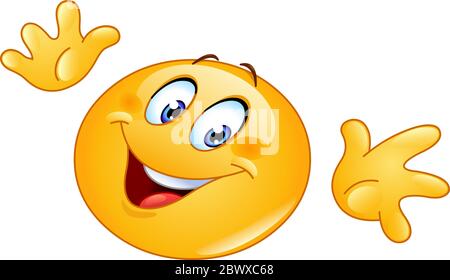 Emoticon macht eine ta-da Geste mit offenen Handflächen, horizontal jazzigen Händen Stock Vektor