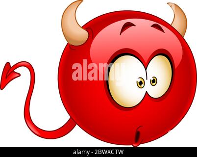 Roter Teufel Emoticon mit einem wunderten verwirrt überrascht Ausdruck auf seinem Gesicht Stock Vektor