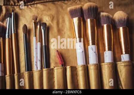 Make-up-Pinsel Set im Koffer. Viele verschiedene Make-up-Pinsel. Stockfoto