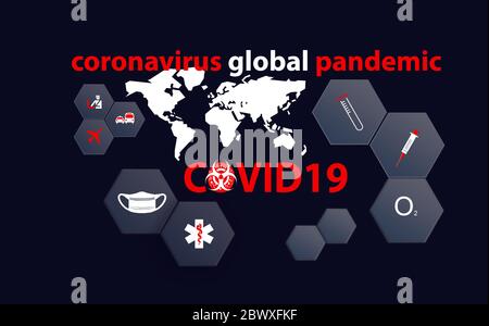 COVID 19 Coronavirus Global Pandemic Illustration mit medizinischen Symbolen, Reisebeschränkungen Symbole und Weltkarte. Stockfoto