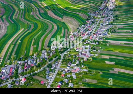 Polen von oben. Luftaufnahme von grünen landwirtschaftlichen Feldern und Dorf. Landschaft mit Feldern von Polen. Typische polnische Landschaft. Stockfoto